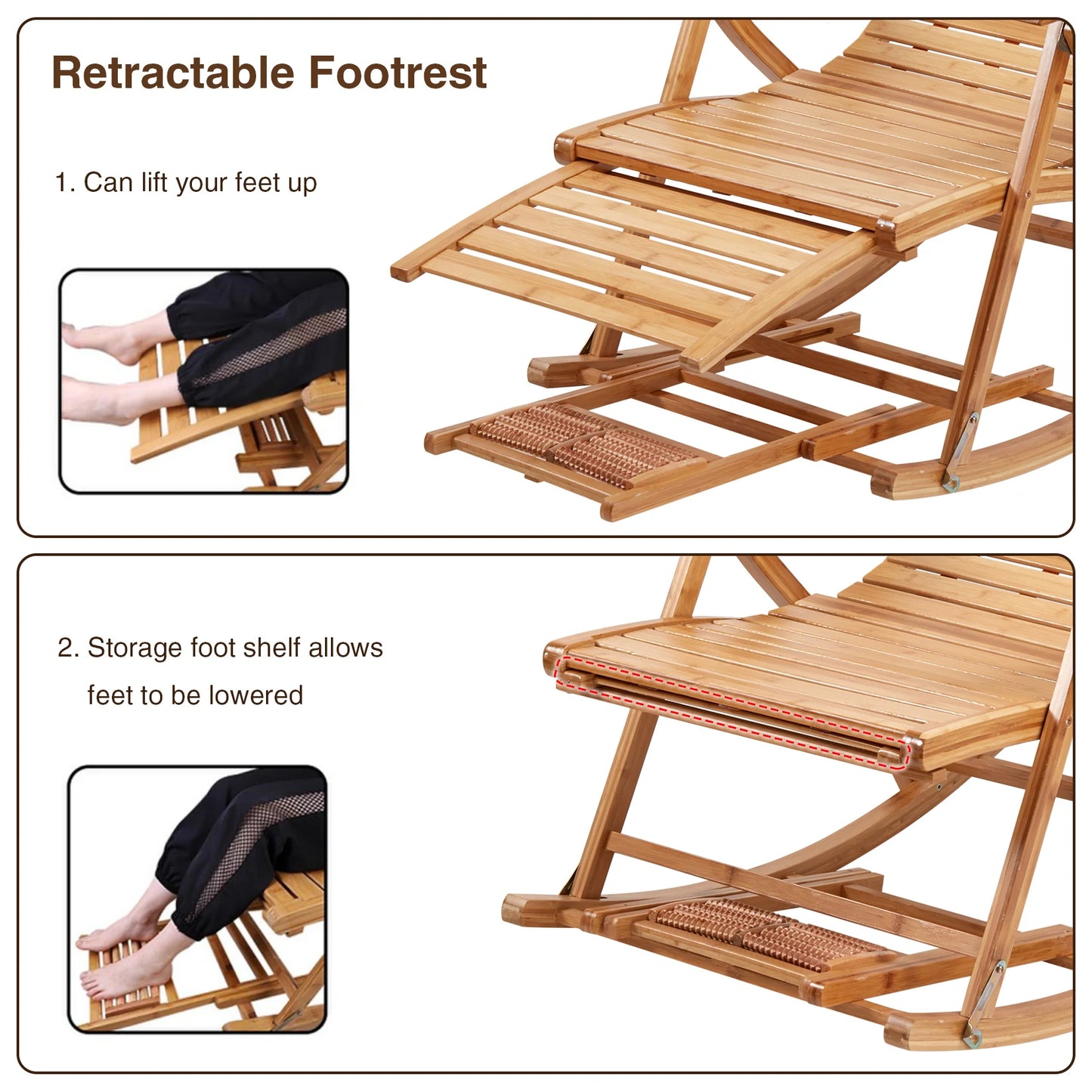 BINGOPAW Heavy Duty Bamboo Rocking Chair Adjustable Lounge Recliner