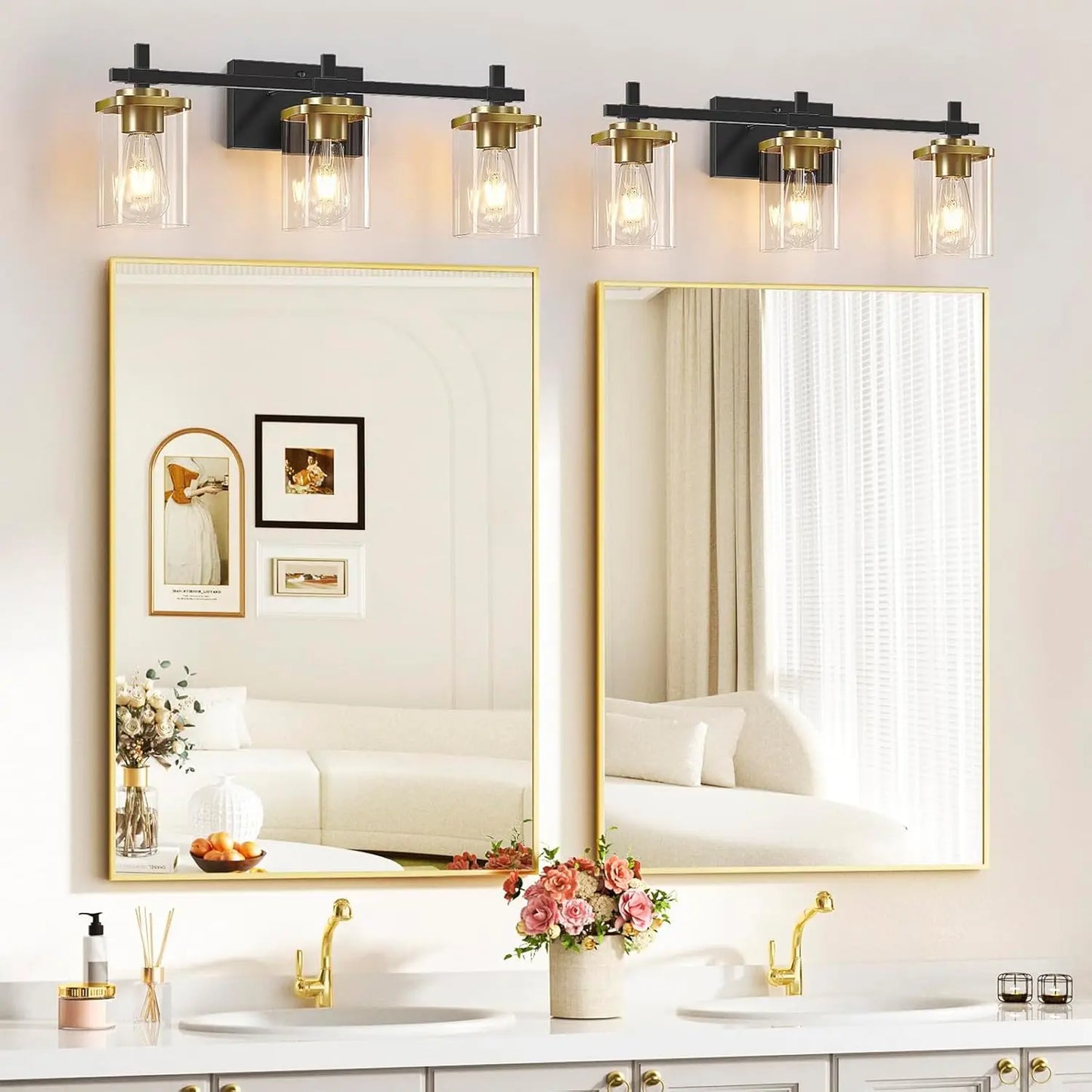 Modern Black and Gold Bathroom Light Fixture with Square Glass Shade, Over Mirror Vanity Lighting for Bedroom Hallway