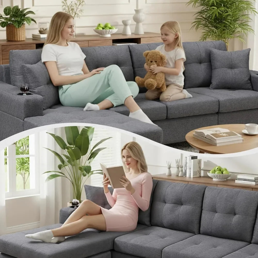 Sectional Fabric Sofa L Shaped With Reversible Chaise