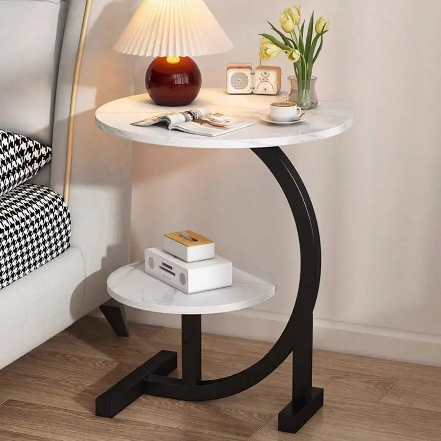 Modern Marble Pattern Side Table With Storage Shelves