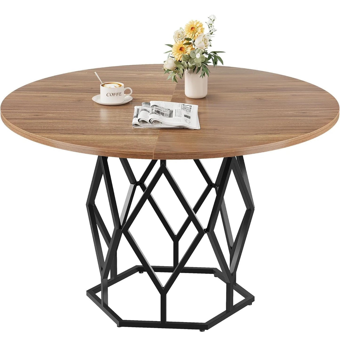 TWISTER.CK Round Dining Table With Wooden Top Metal Diamond Base