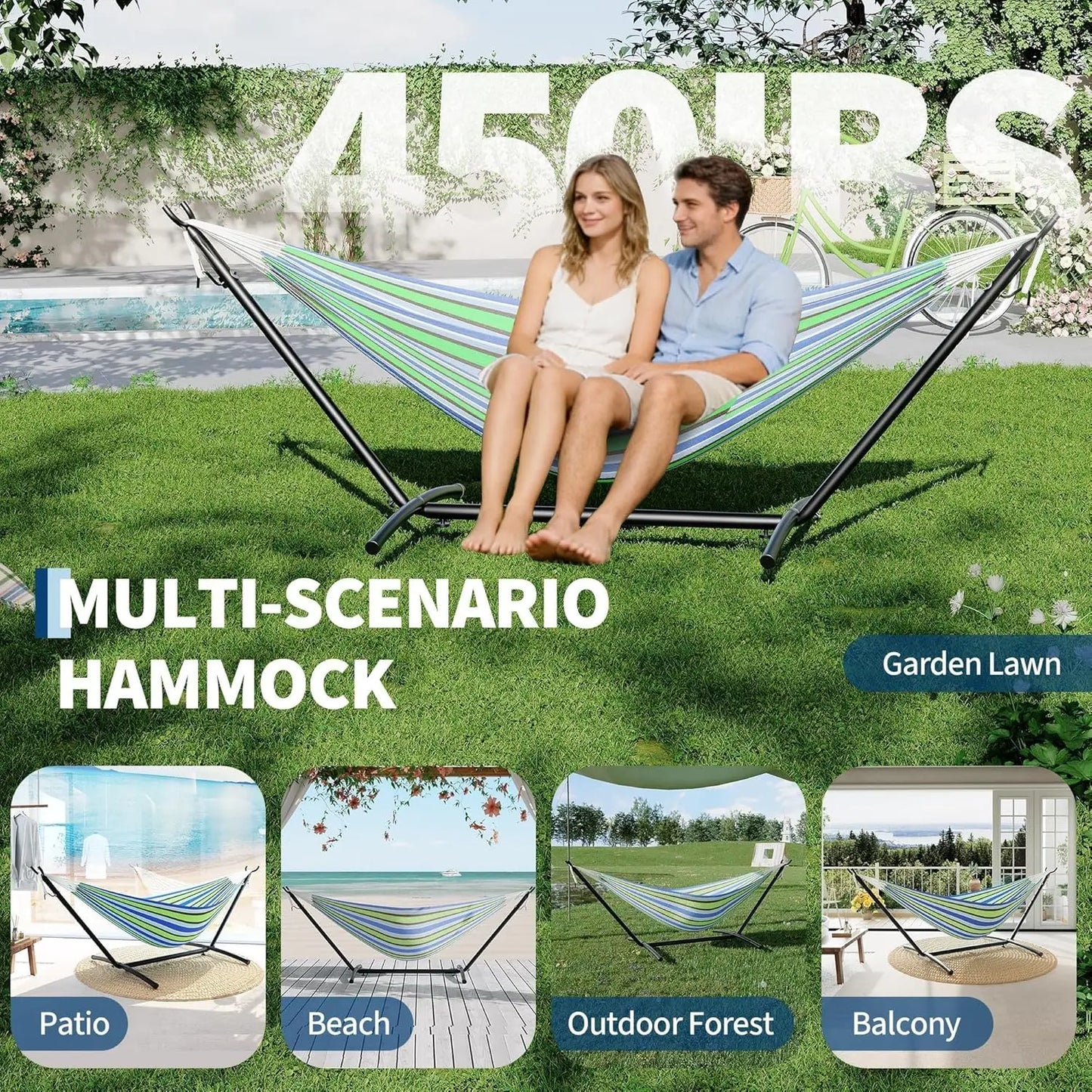 Portable Double Hammock With Stand Heavy-Duty Steel Frame 450 Lbs