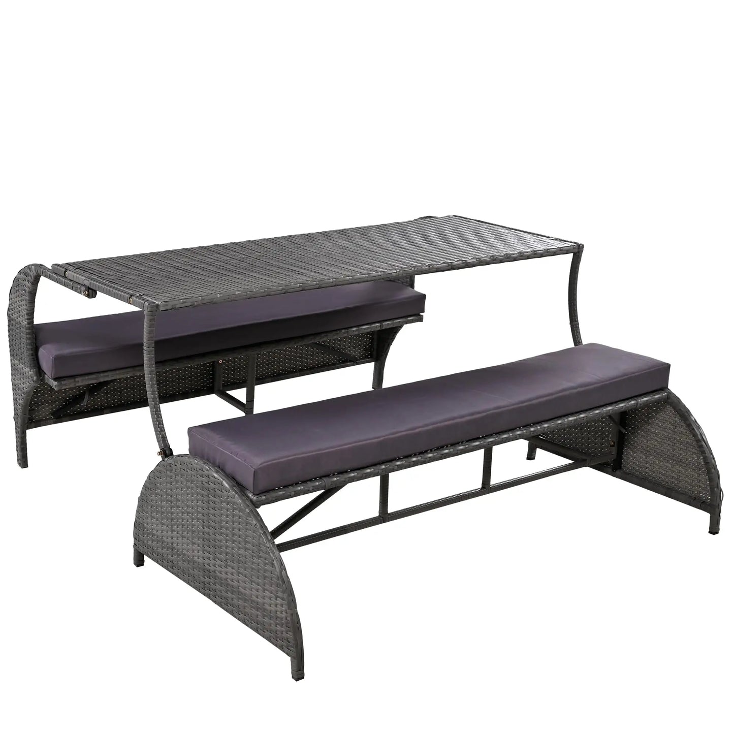 Outdoor Rattan Loveseat Convertible Picnic Table Set for Patio Garden