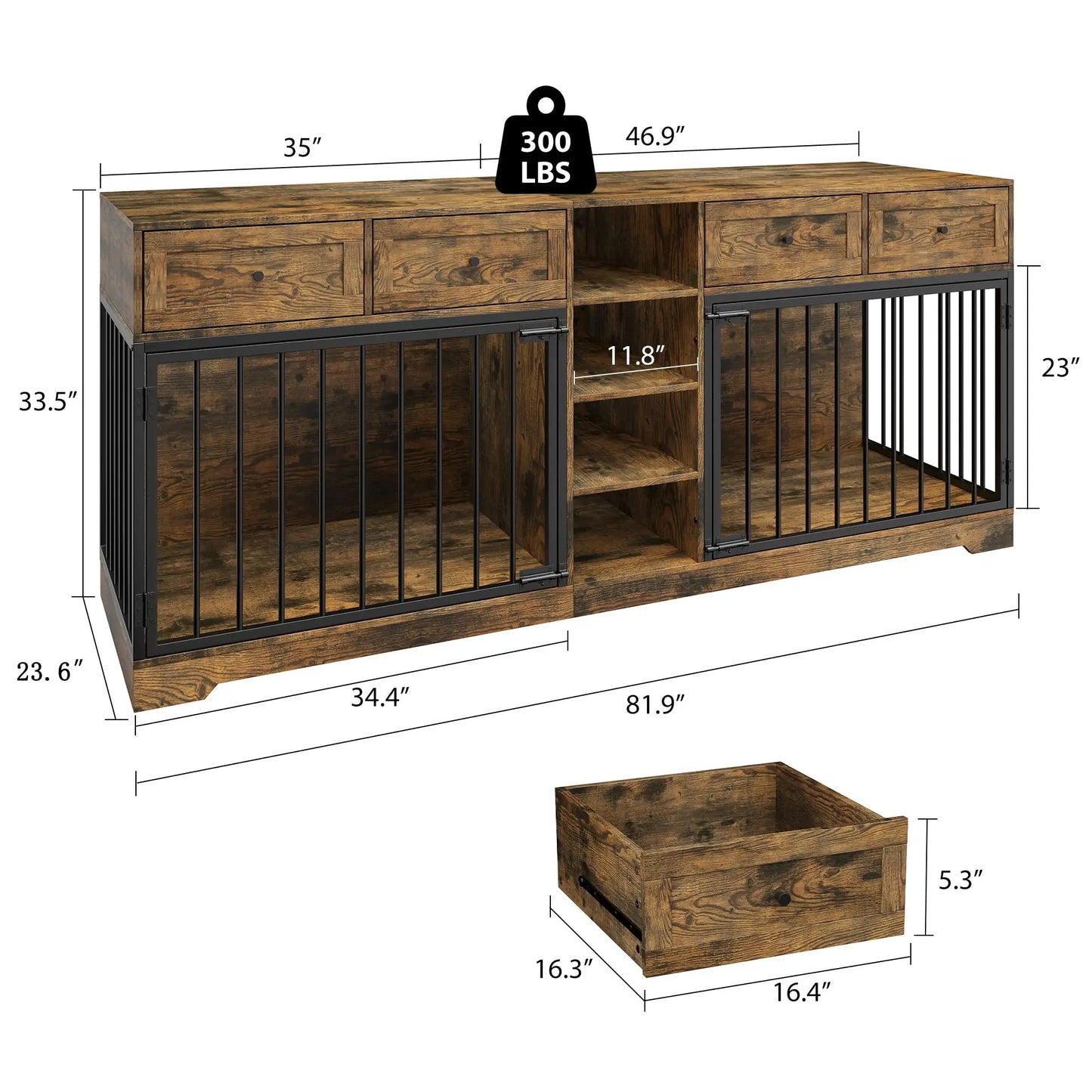 HiMISS Double Dog Crate Furniture TV Stand With Drawers