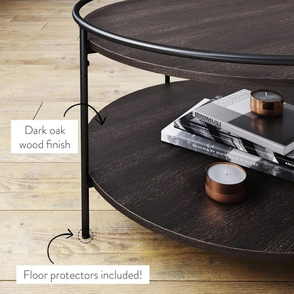 Oak Round Two Tier Coffee Table With Raised Tray Edge