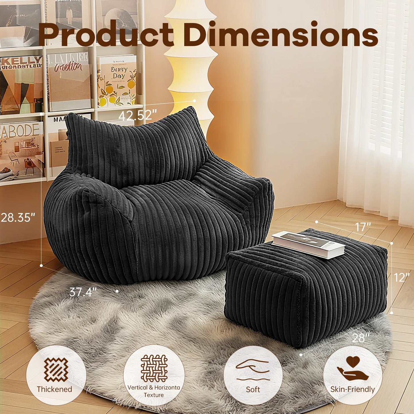 NONECN Reading Chair Bean Bag for Adults with Foam Comfort