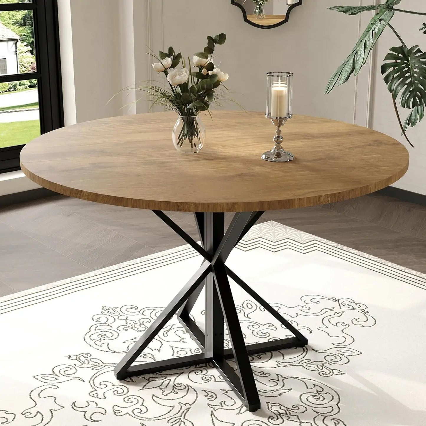 TWISTER.CK Round Dining Table For Four With Wood Top And Pedestal Farmhouse