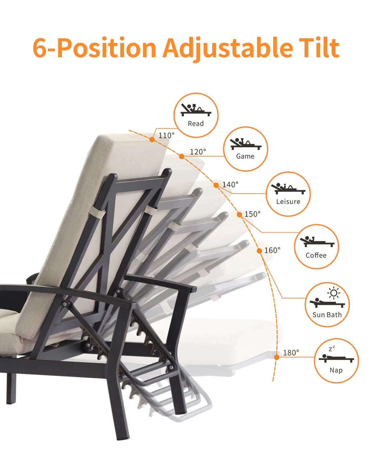 SeeHill Aluminum Outdoor Chaise Lounge Chair With Cushion Adjustable Backrest