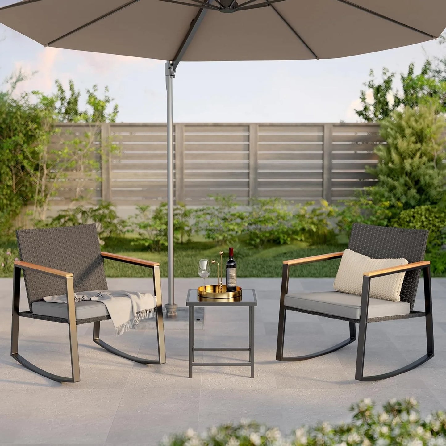 Rocking Patio Bistro Set With Anti Scald Armrest And Glass Table