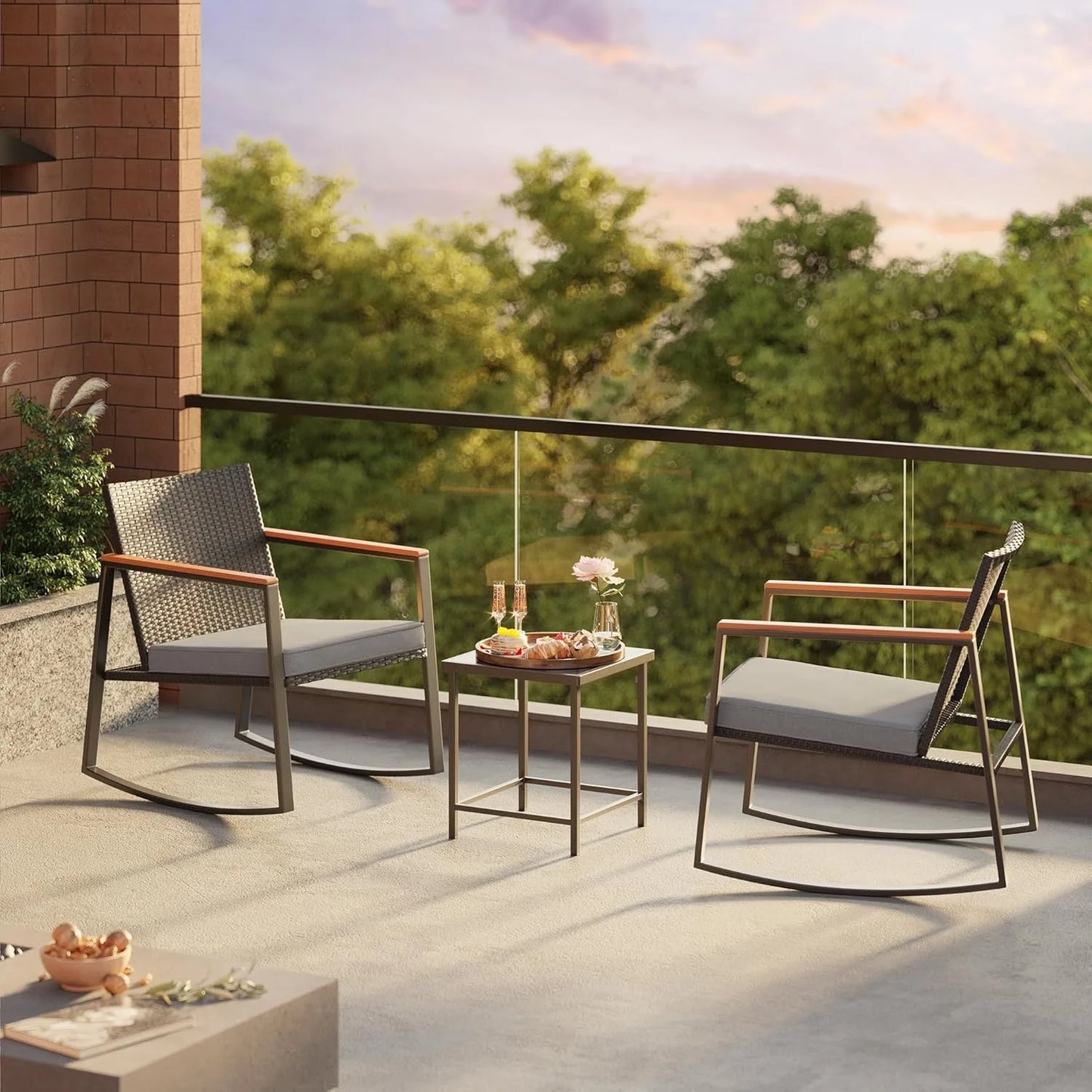 Rocking Patio Bistro Set With Anti Scald Armrest And Glass Table