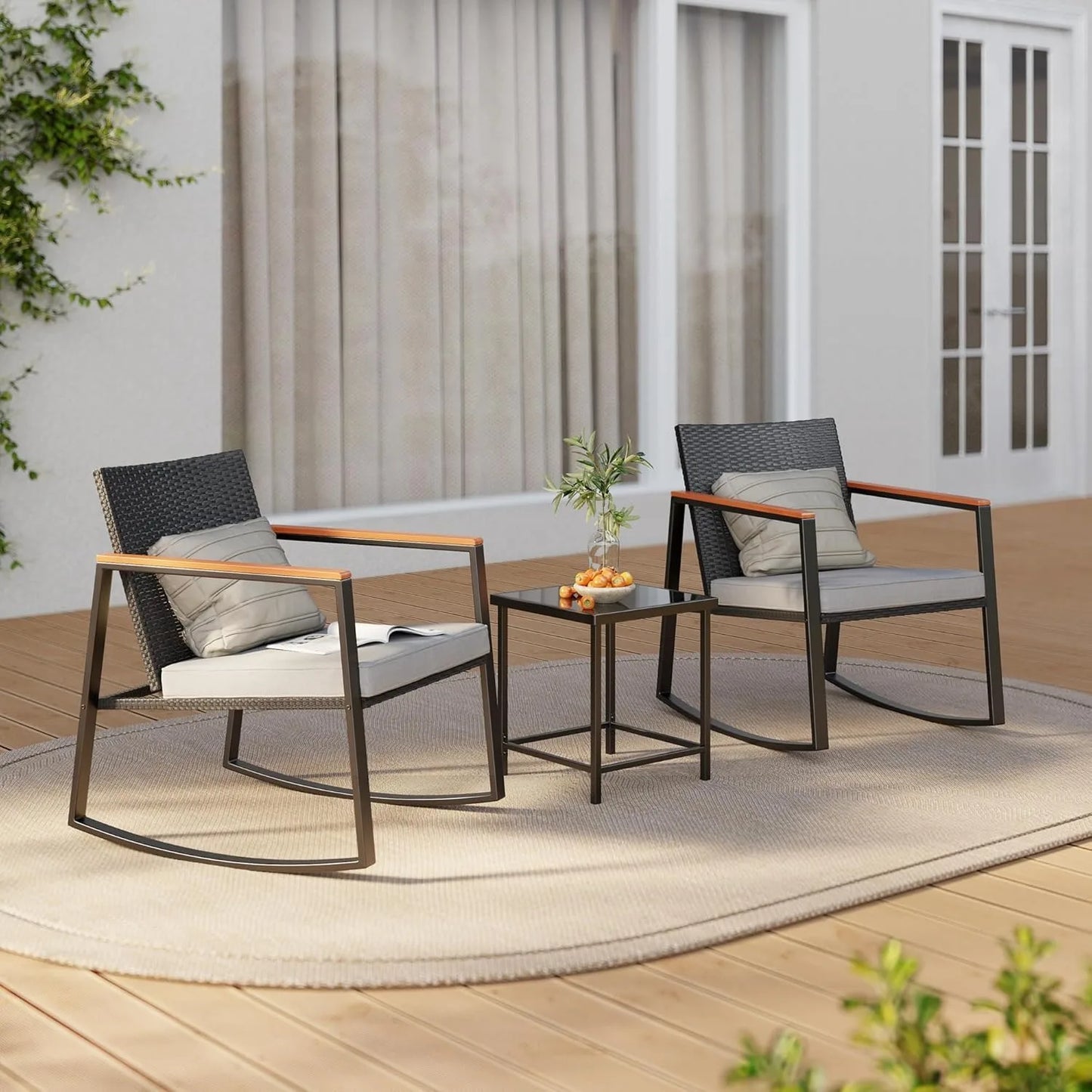Rocking Patio Bistro Set With Anti Scald Armrest And Glass Table