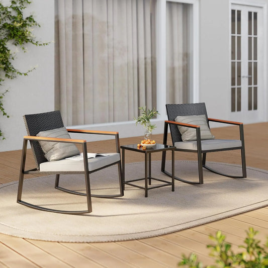Rocking Patio Bistro Set With Anti Scald Armrest And Glass Table