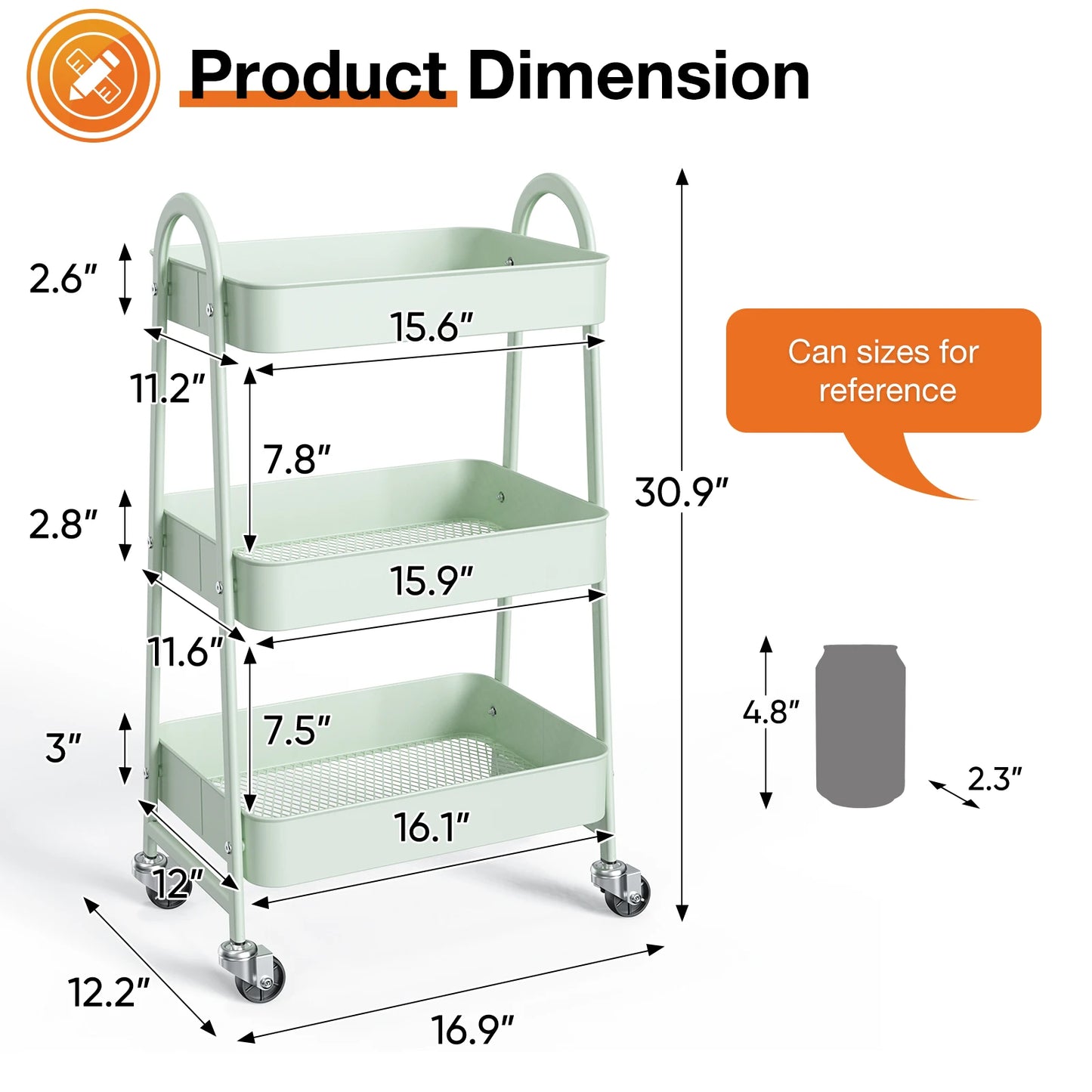 3-Tier Rolling Cart Metal Utility Storage Organizer