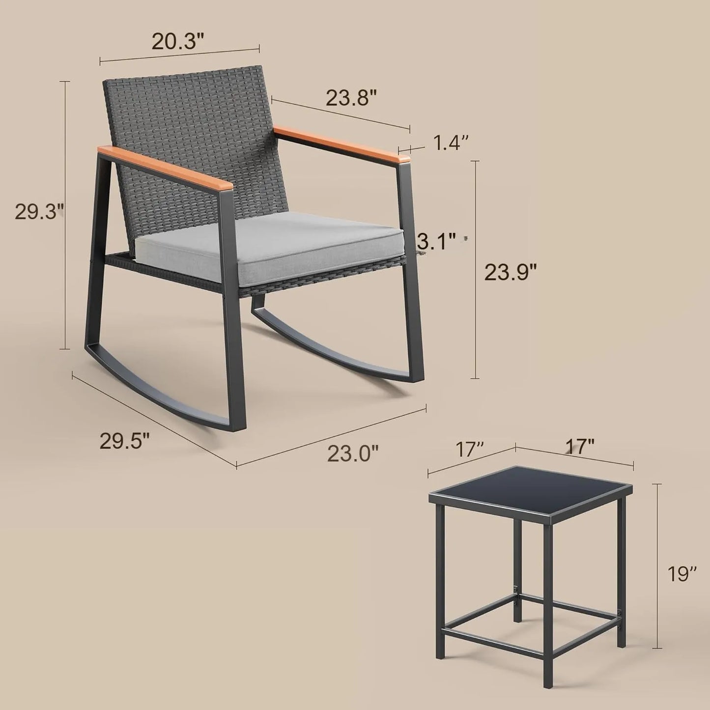 Rocking Patio Bistro Set With Anti Scald Armrest And Glass Table
