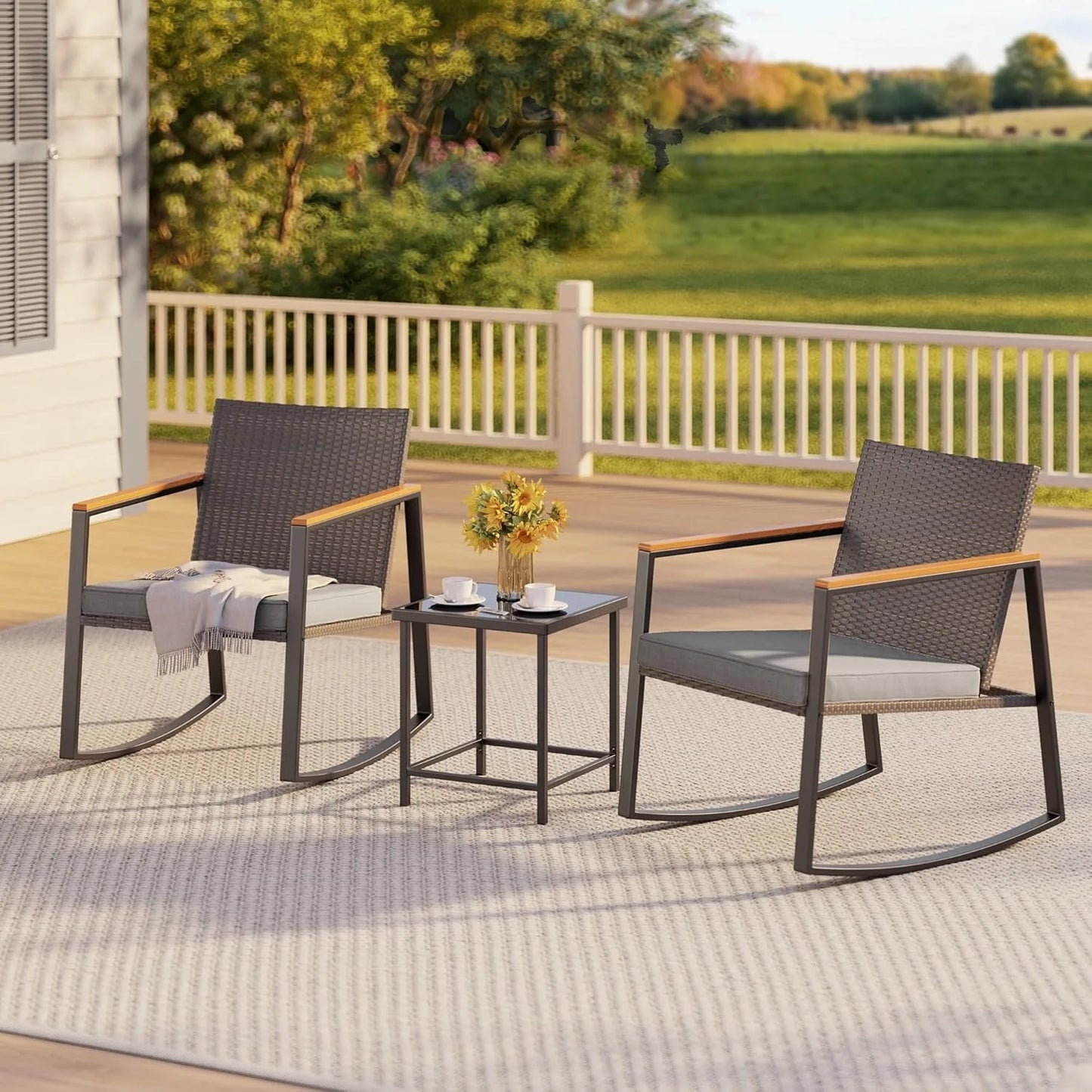 Rocking Patio Bistro Set With Anti Scald Armrest And Glass Table