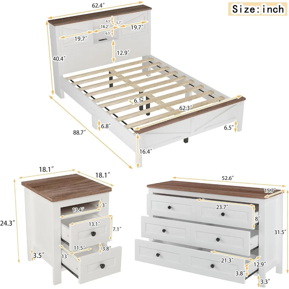 RBXC 3 Piece Farmhouse Bedroom Set With Platform Bed And Storage Nightstand
