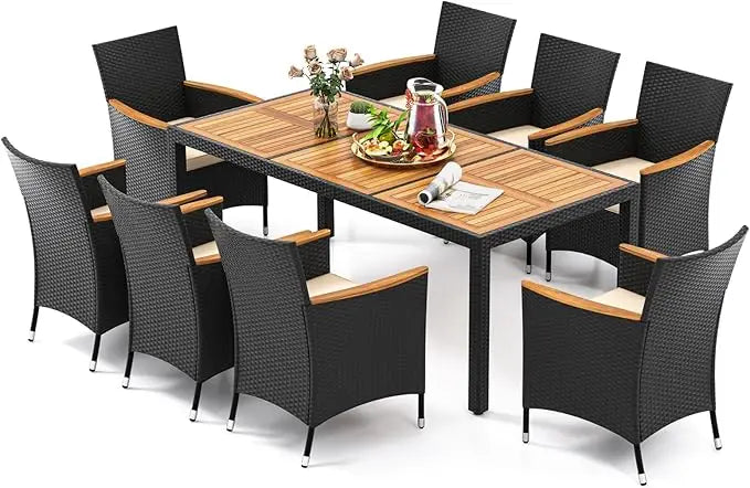 Rattan Outdoor Dining Set With Wicker Chairs And Acacia Table