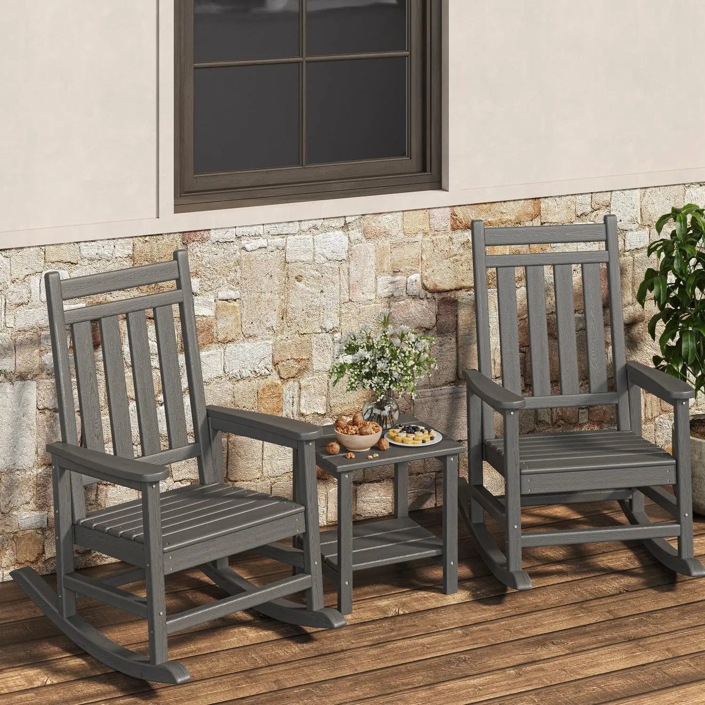 HiMISS 2-Piece Outdoor Poly Lumber Rocking Chair Set With Table