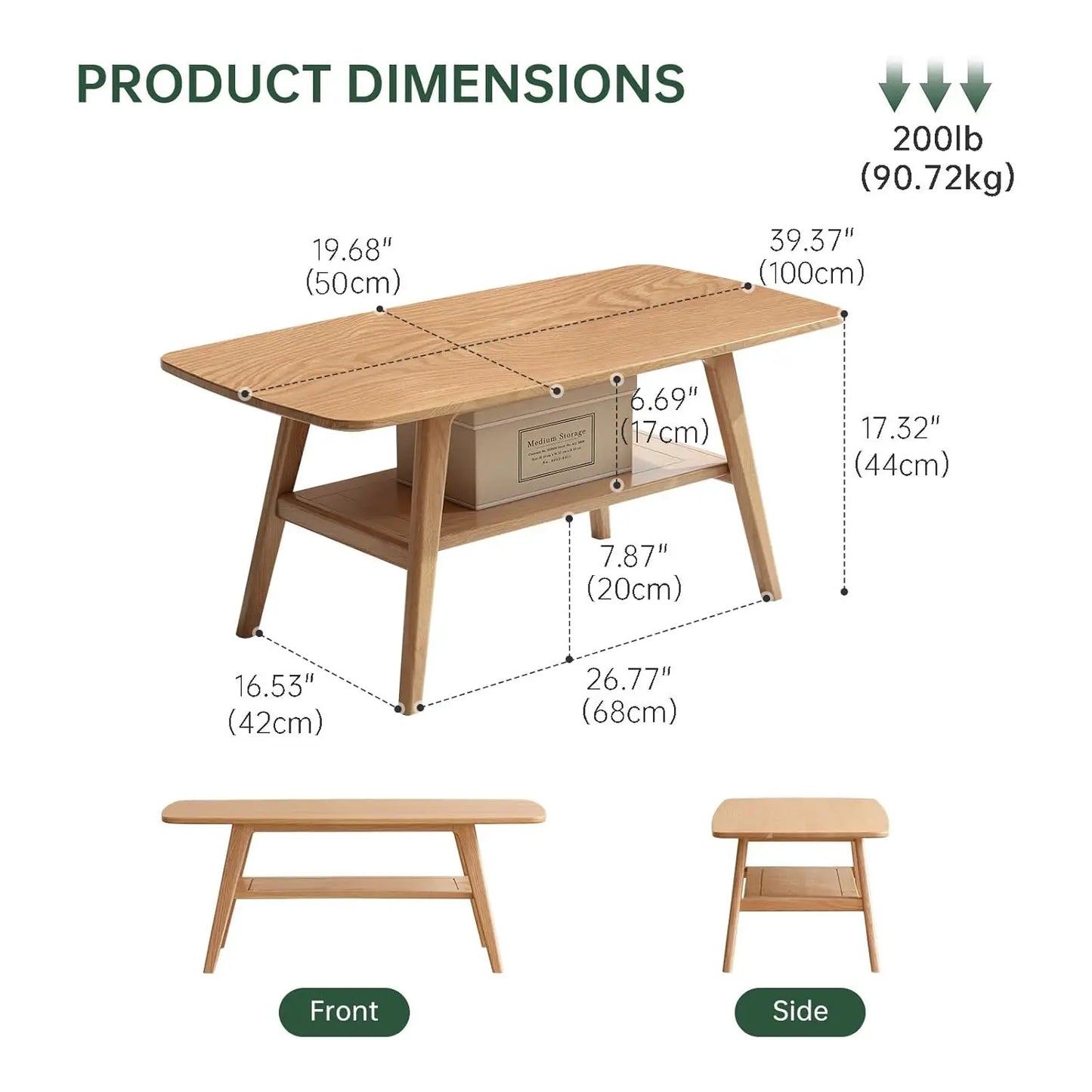 Solid Oak Wood Coffee Table With Shelf Storage Living Room