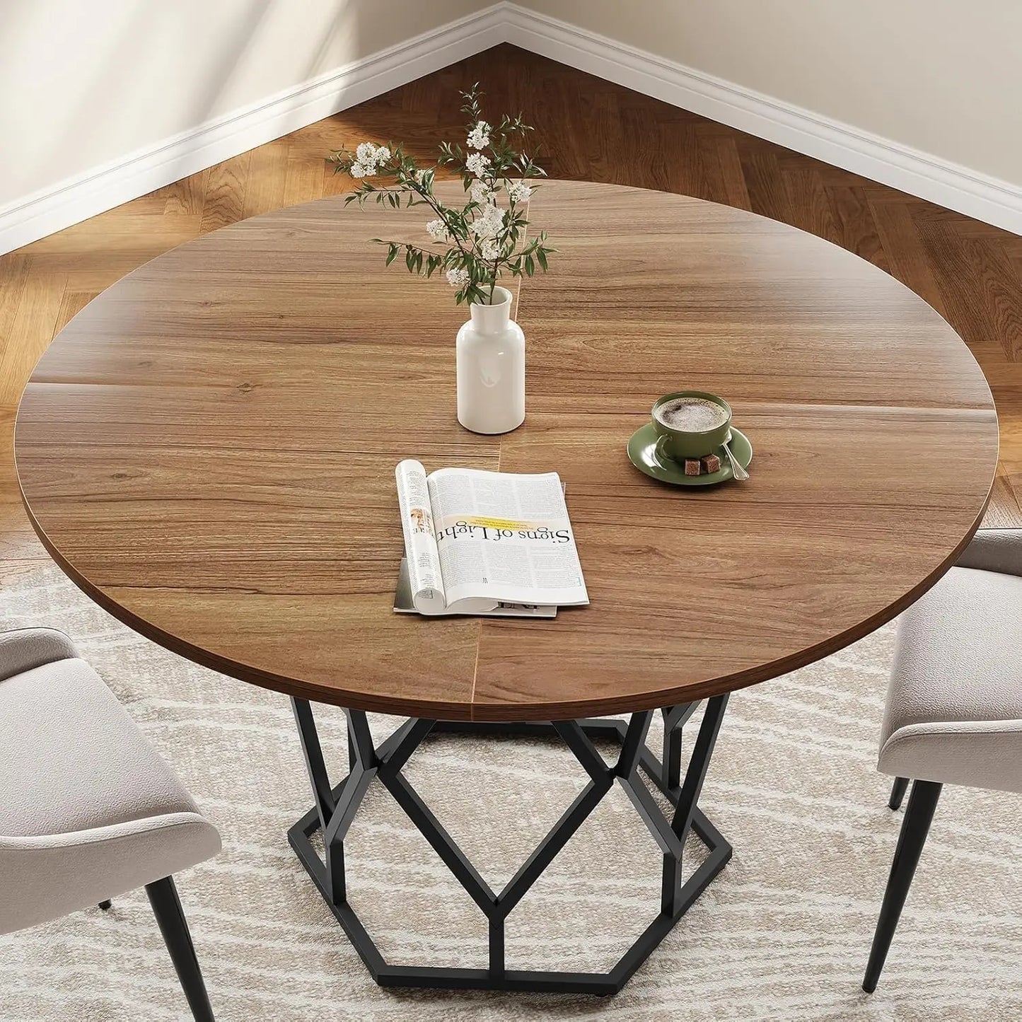 TWISTER.CK Round Dining Table With Wooden Top Metal Diamond Base