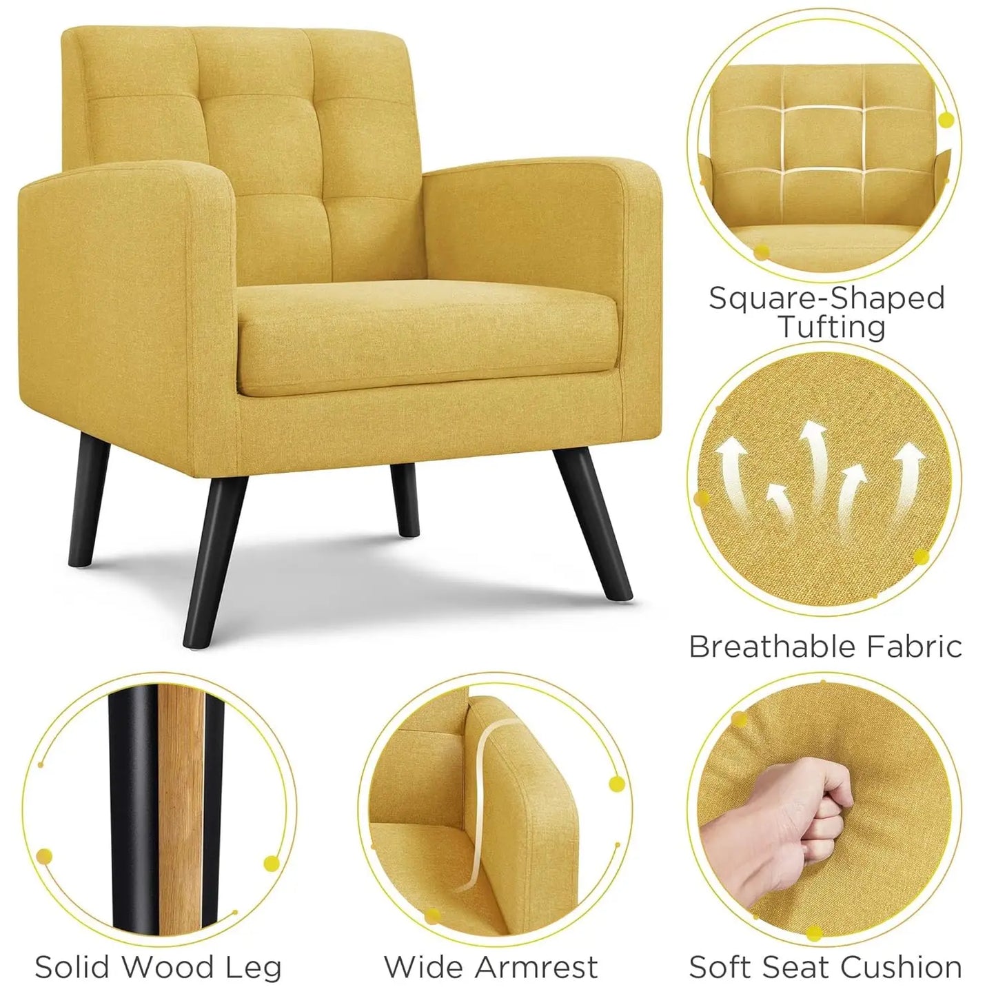Mid-Century Modern Upholstered Armchairs With Tufted Back And Wood Legs