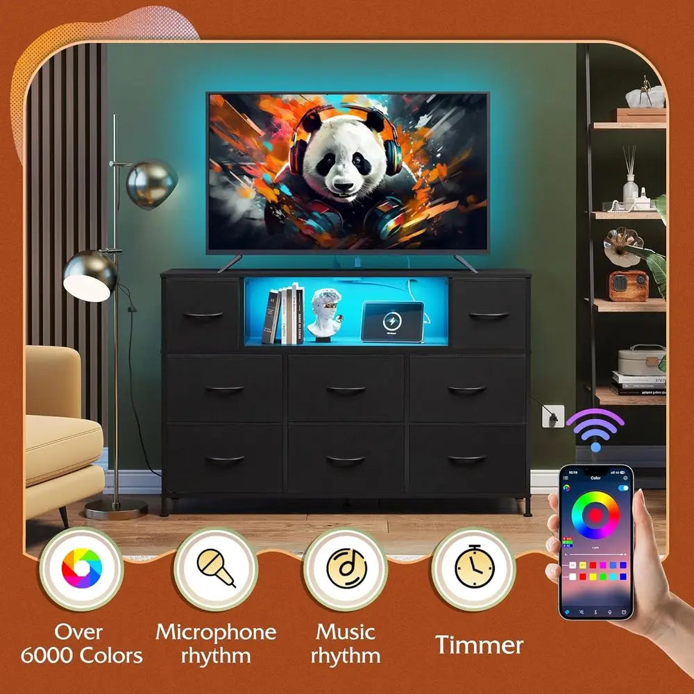 Modern TV Stand With LED Lights Charging Station 8 Drawers