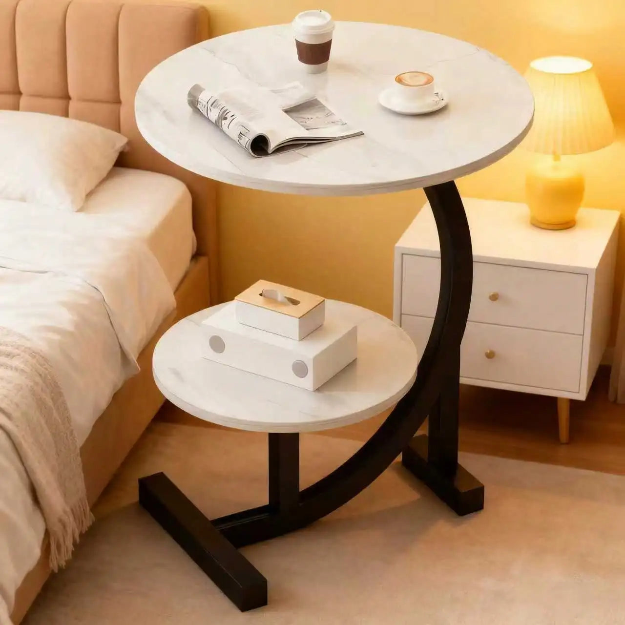 Modern Marble Pattern Side Table With Storage Shelves