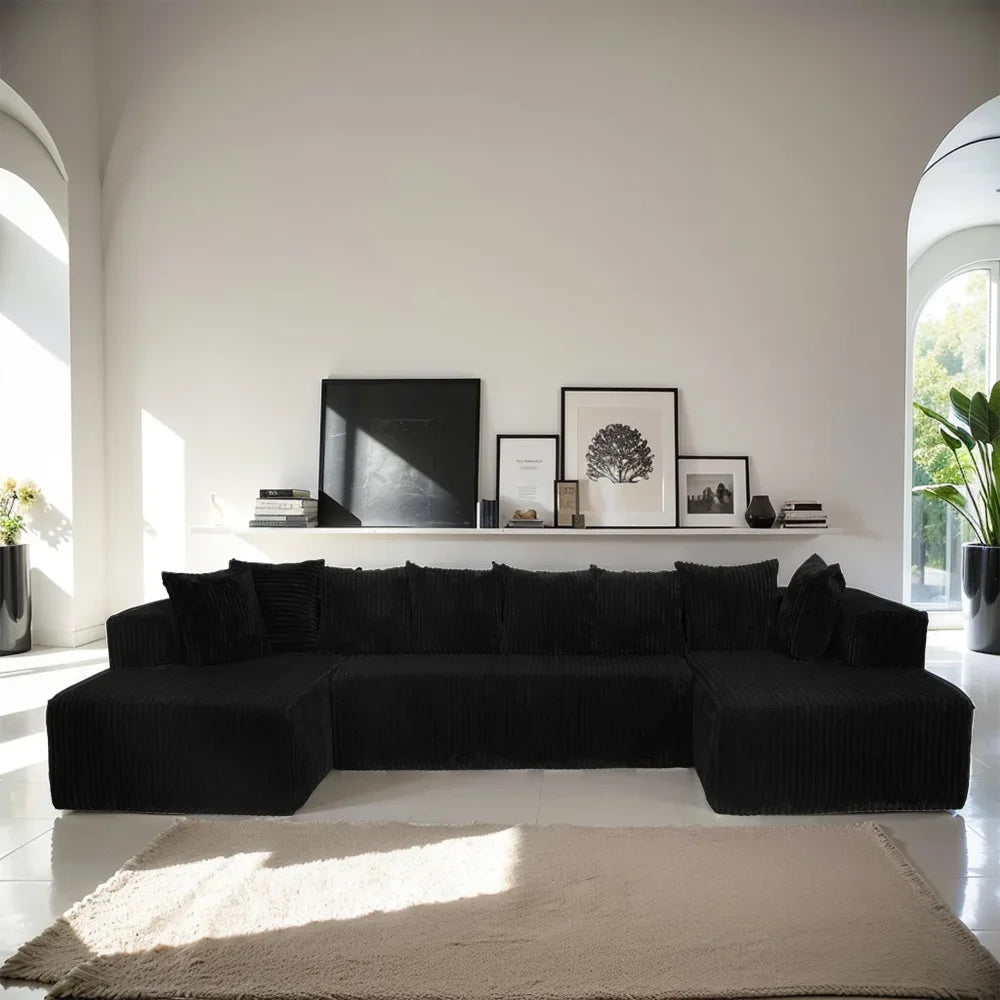 NONECN U Shaped Sectional Sofa With Striped Corduroy Fabric