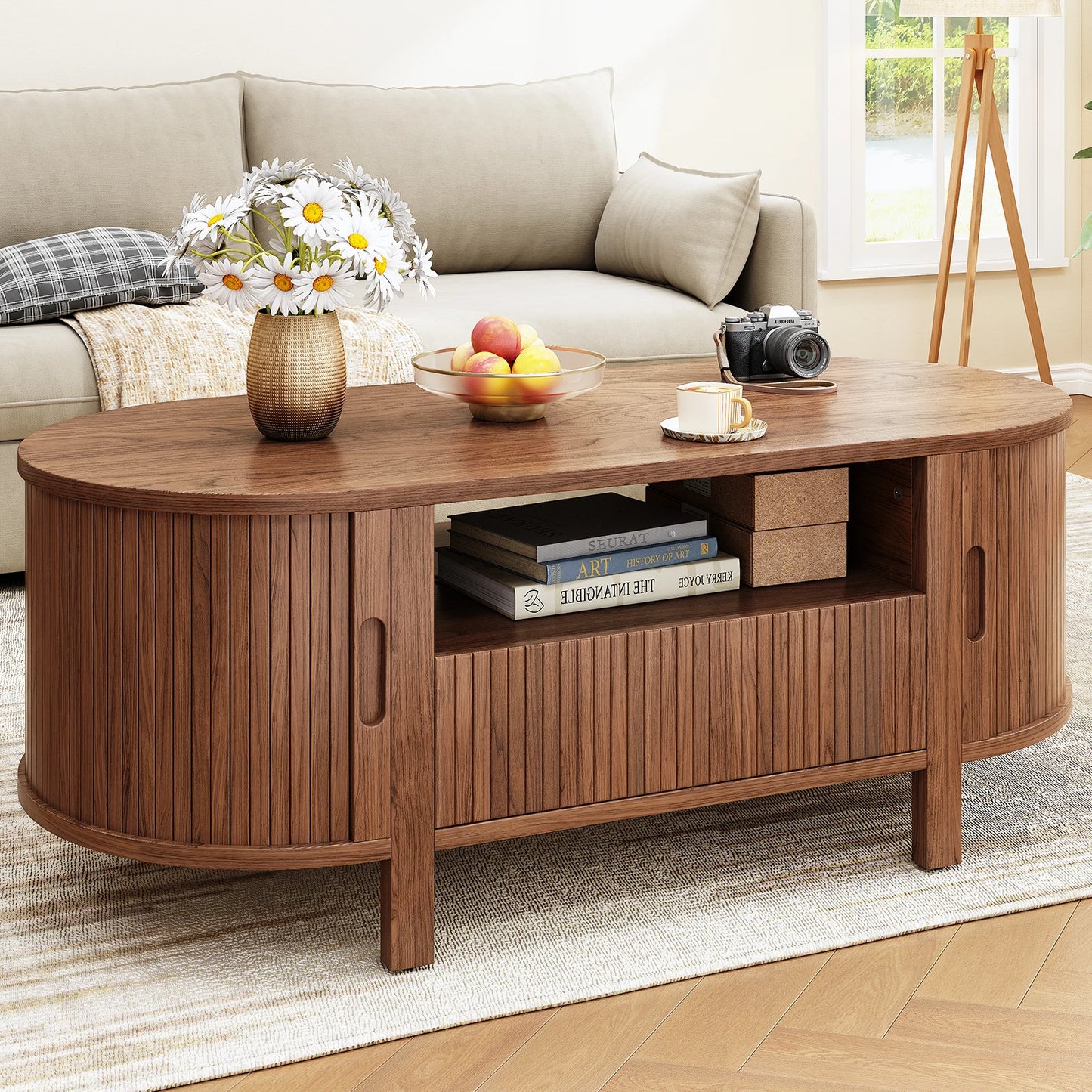 Oval Coffee Table With Cabinets And Sliding Doors