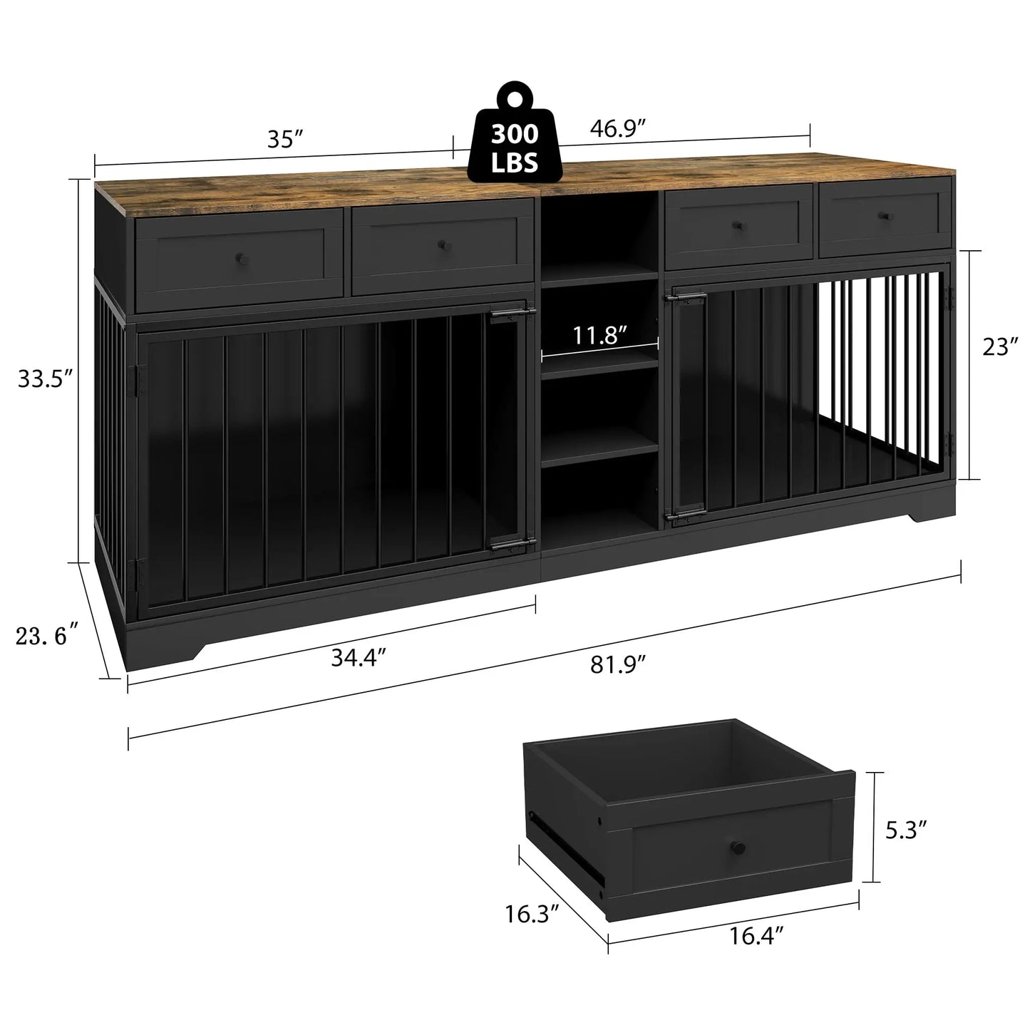 HiMISS Double Dog Crate Furniture TV Stand With Drawers