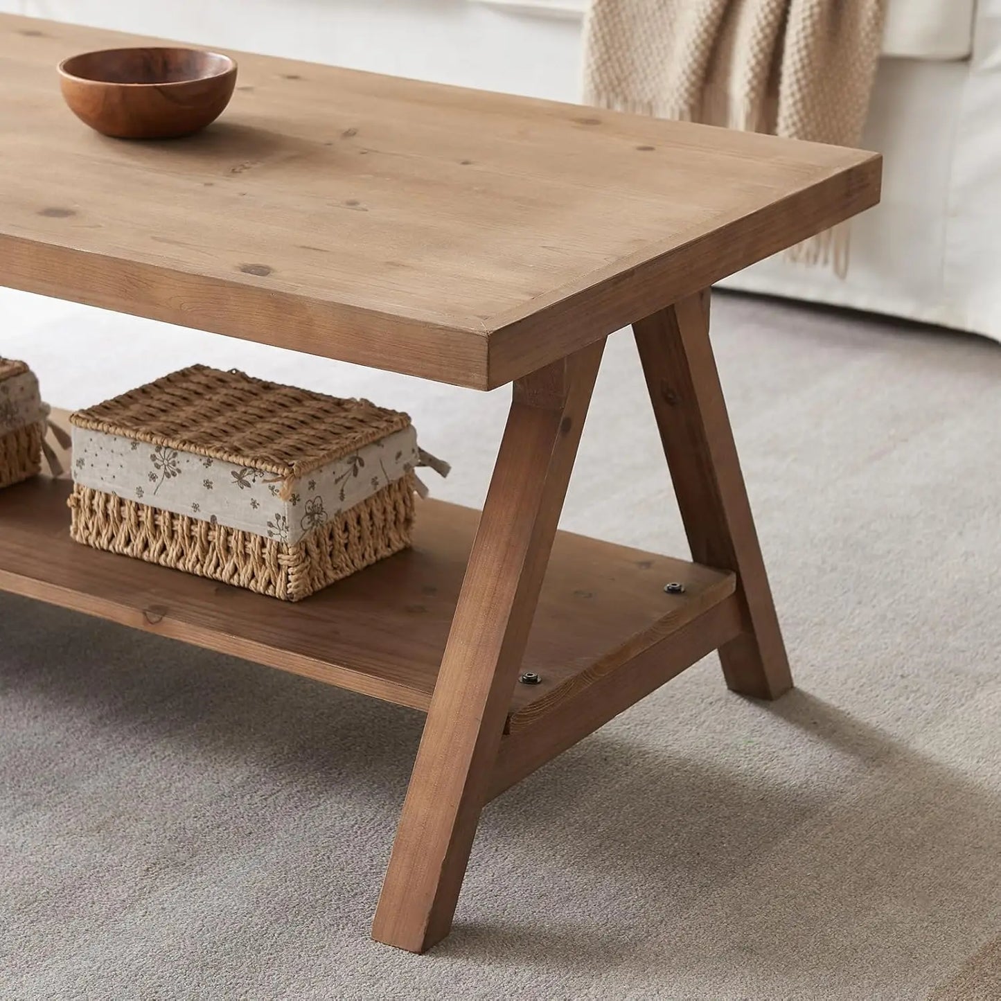 Farmhouse Solid Wood Coffee Table With Storage Shelves