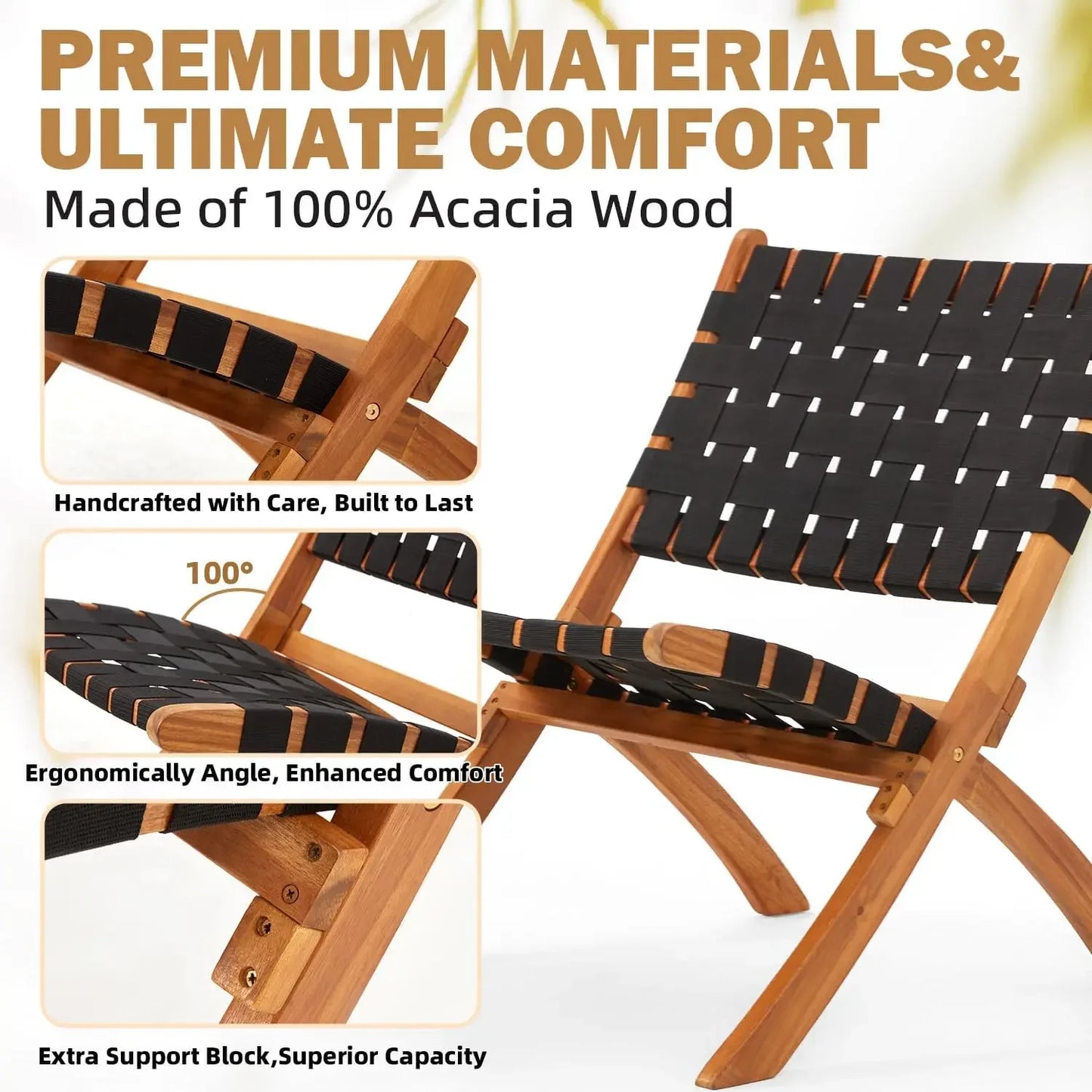 Acacia Wood 3 Piece Patio Set Coffee Table Folding Chairs