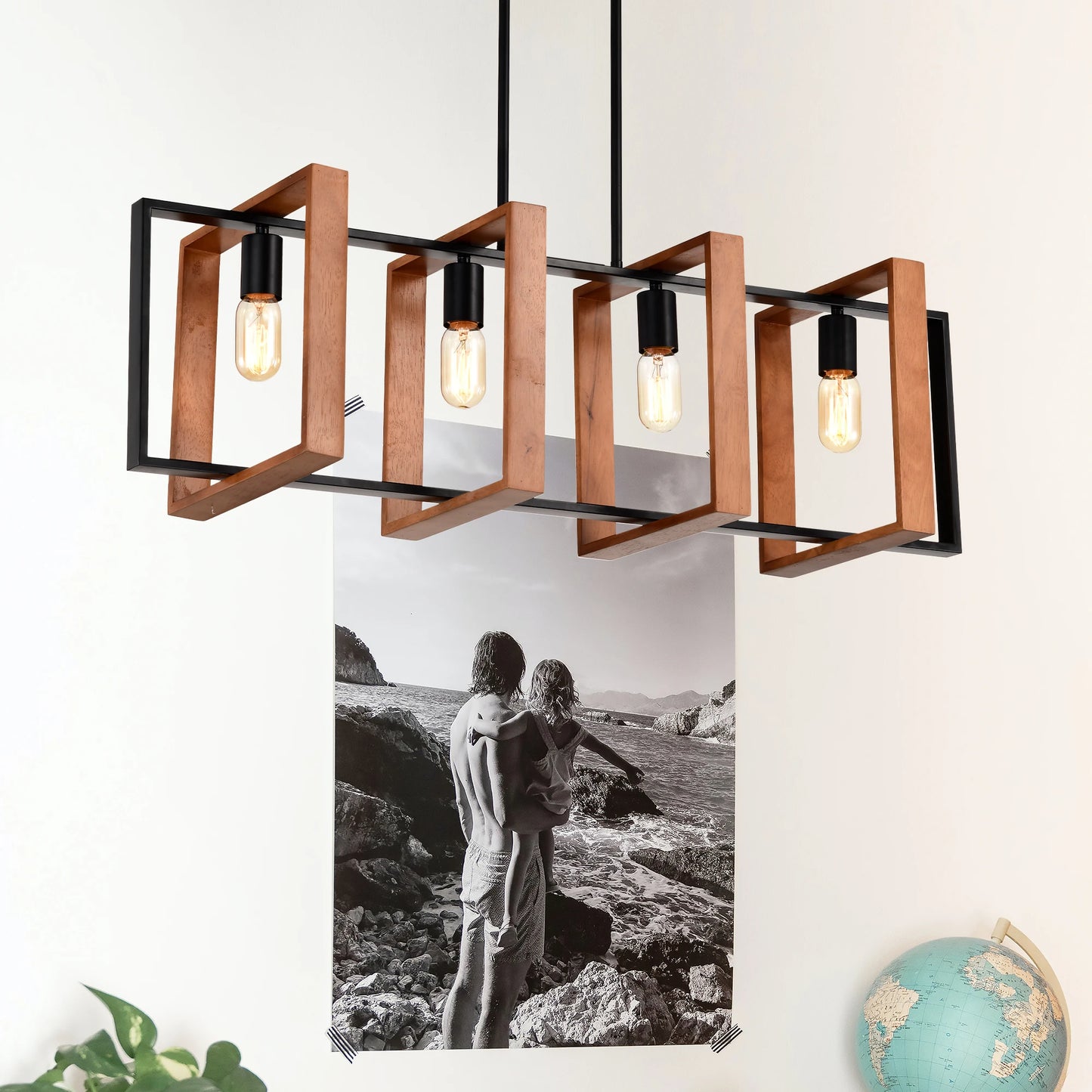 4-Light Farmhouse Pendant Lights Rustic Wood And Black Metal