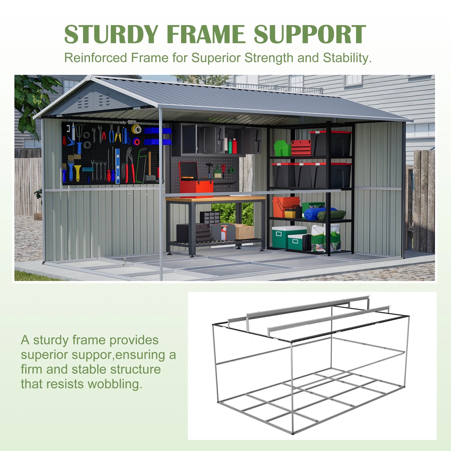 Outdoor Metal Storage Shed With Aluminium Frame And Lockable Doors