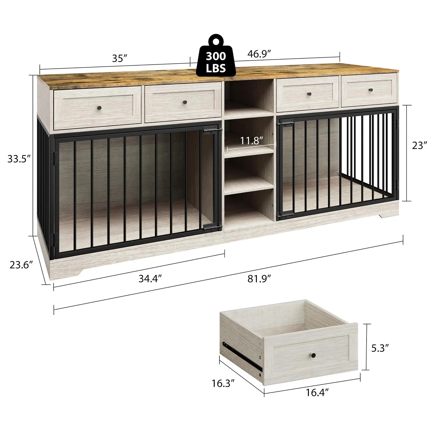 HiMISS Double Dog Crate Furniture TV Stand With Drawers