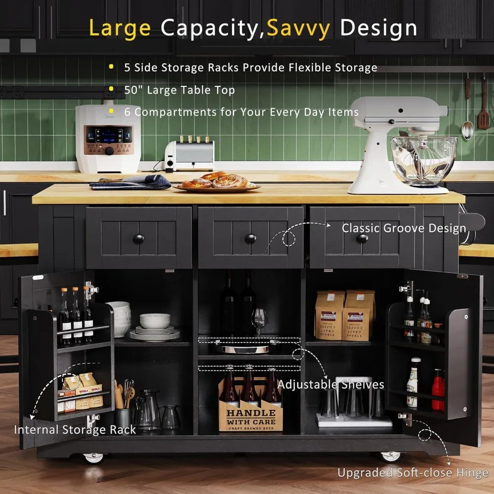 Kitchen Island With Storage On Wheels Drawers Door Rack