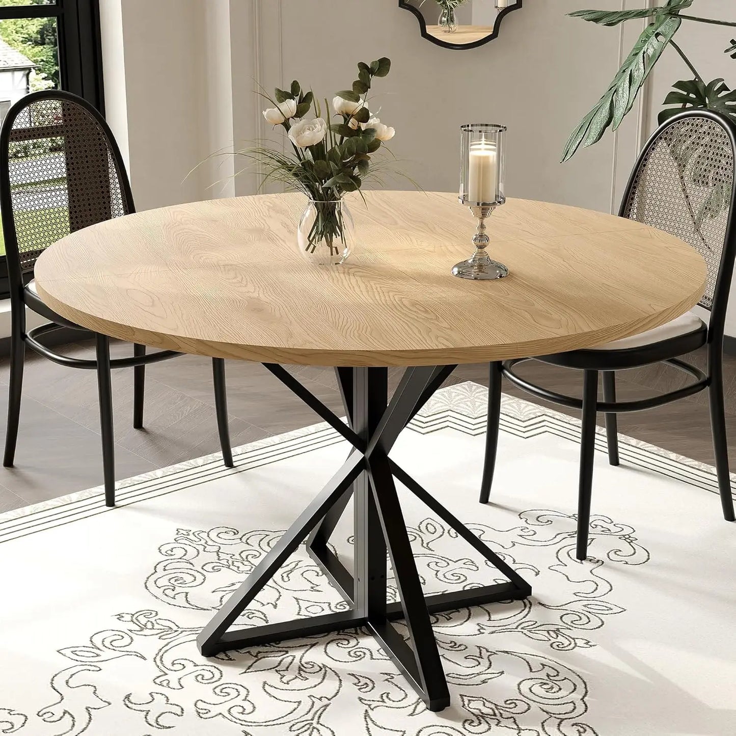 TWISTER.CK Round Dining Table For Four With Wood Top And Pedestal Farmhouse