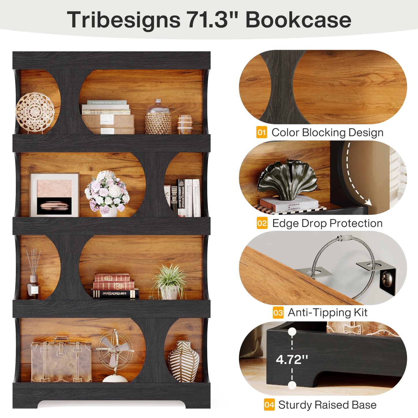 Tribesigns S-Shaped 4-Tier Bookcase Freestanding Wood Storage