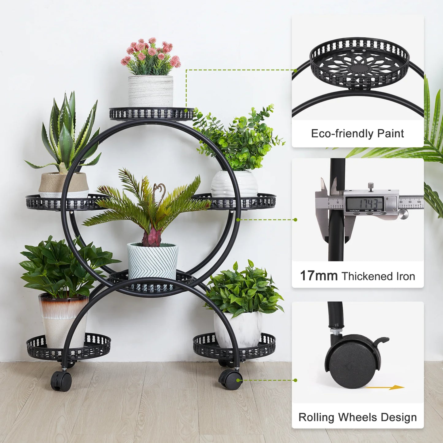 Wisfor Metal Plant Pot Stand With Wheels Rolling Flower Rack