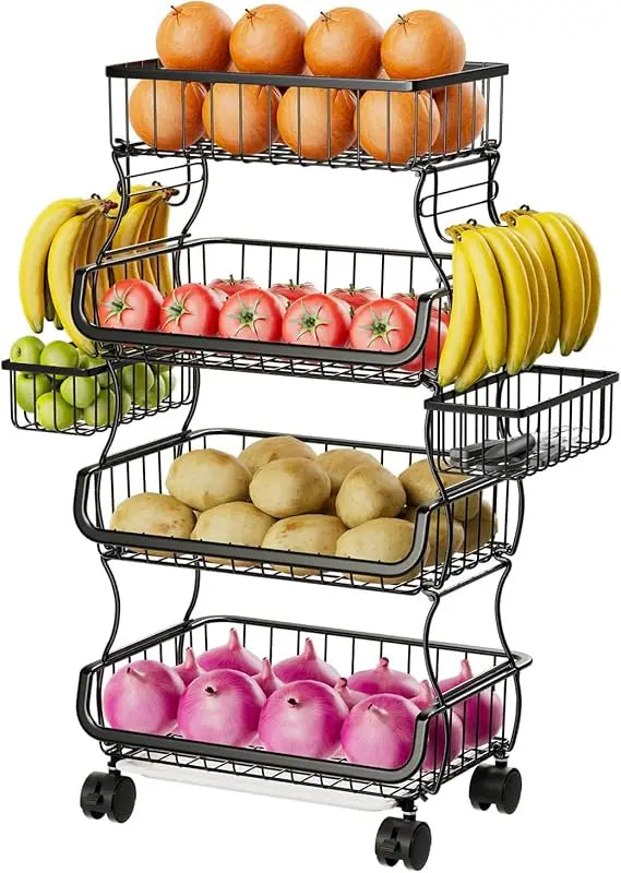4 Tier Rolling Cart With Wheels And Hanging Baskets Kitchen