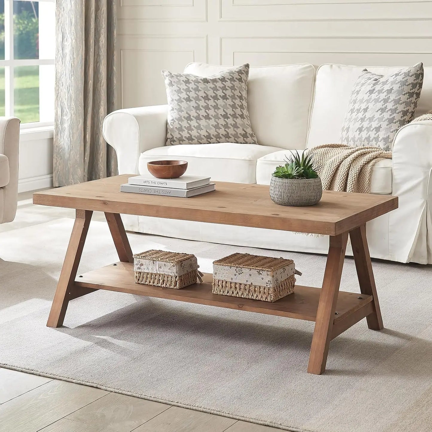 Farmhouse Solid Wood Coffee Table With Storage Shelves