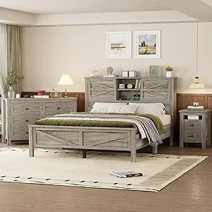 RBXC 3 Piece Farmhouse Bedroom Set With Platform Bed And Storage Nightstand
