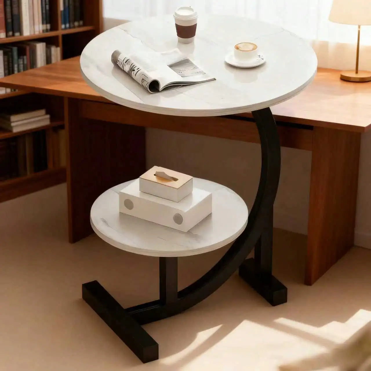 Modern Marble Pattern Side Table With Storage Shelves