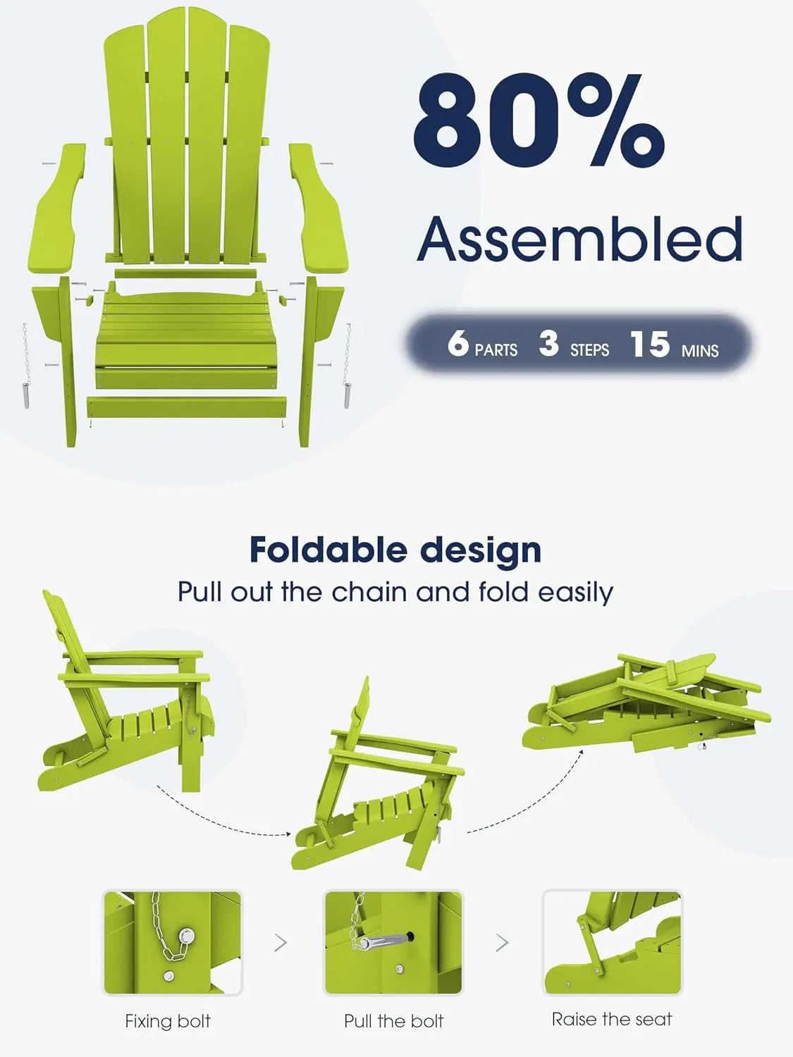 Folding Adirondack Chair HDPE All Weather Patio Outdoor Chair