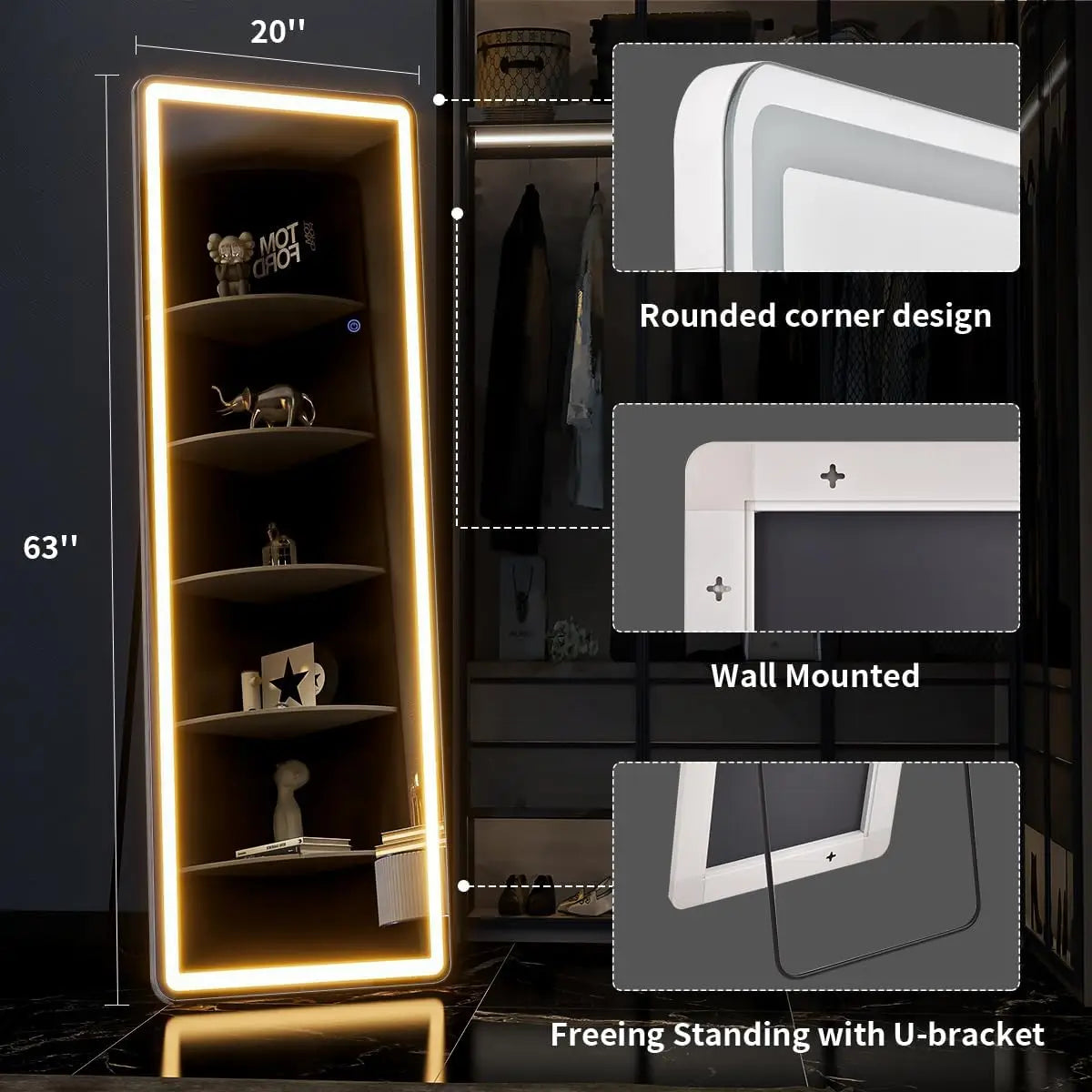 Koonmi LED Lighted Full Length Mirror With Dimming Lights