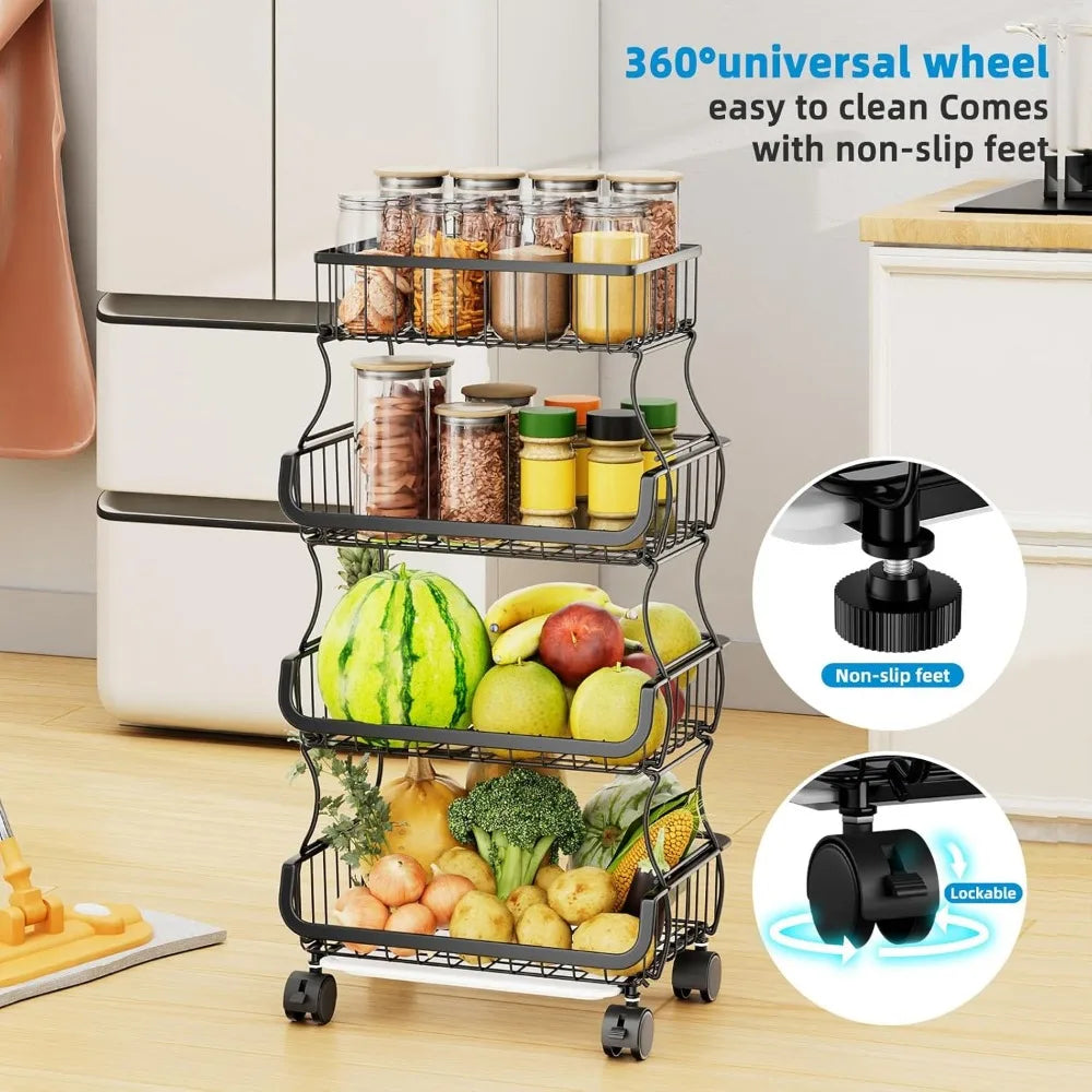 4 Tier Rolling Cart With Wheels And Hanging Baskets Kitchen
