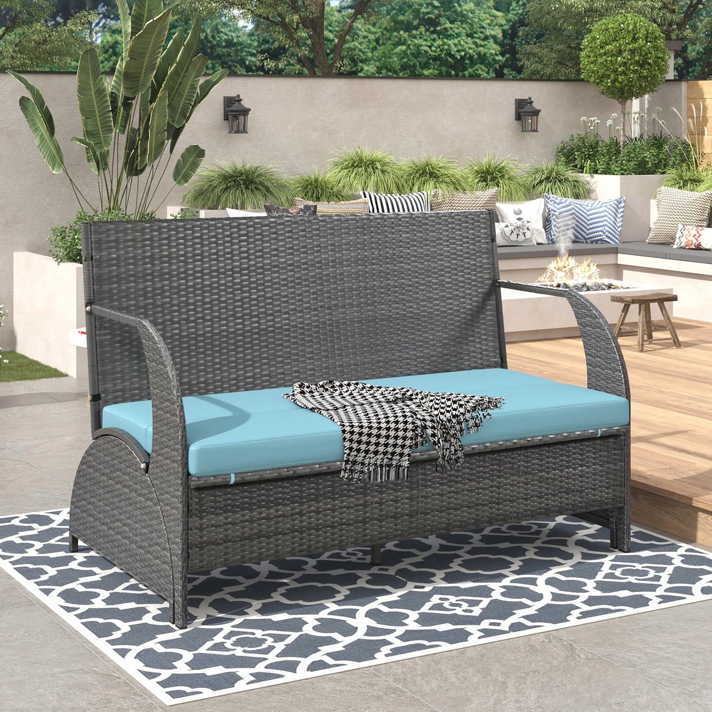 Outdoor Rattan Loveseat Convertible Picnic Table Set for Patio Garden