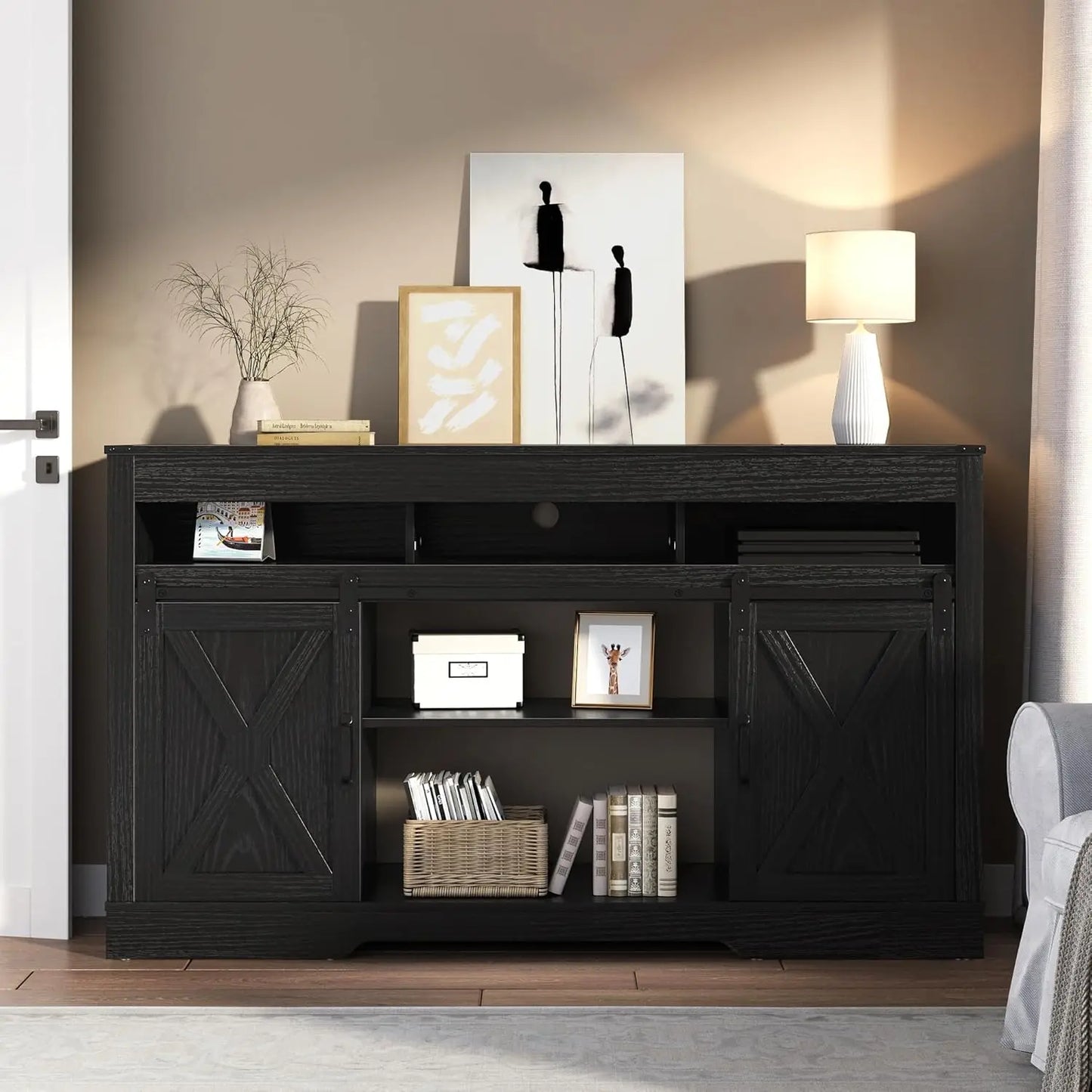 Farmhouse TV Stand with Storage Cabinets, Mid Century Modern Console