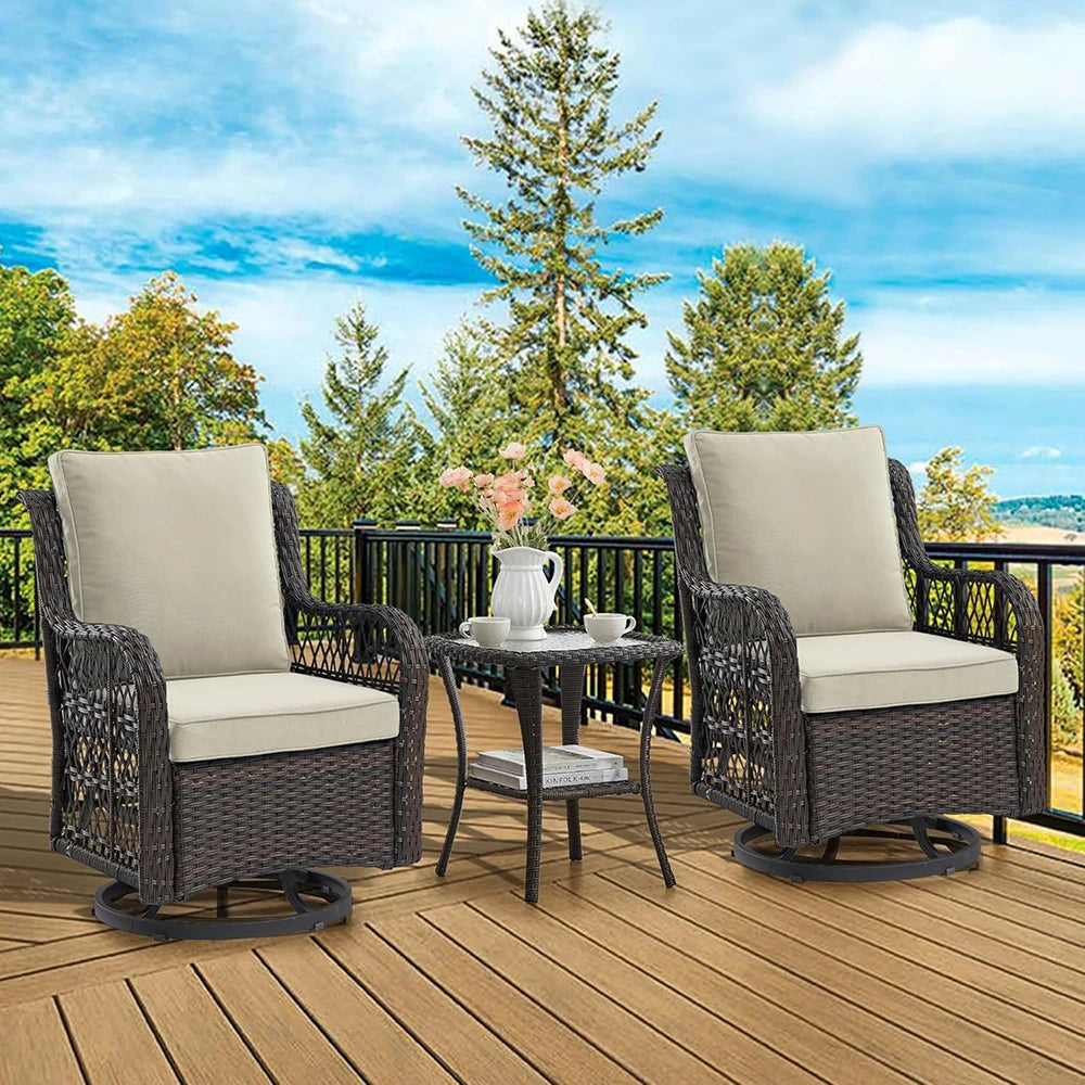 HiMISS 3 Piece Wicker Patio Set With Two Swivel Chairs And Glass Table