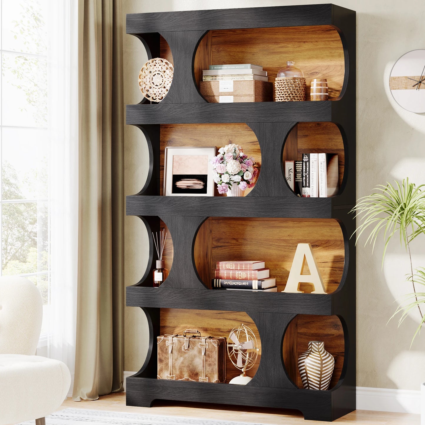 Tribesigns S-Shaped 4-Tier Bookcase Freestanding Wood Storage